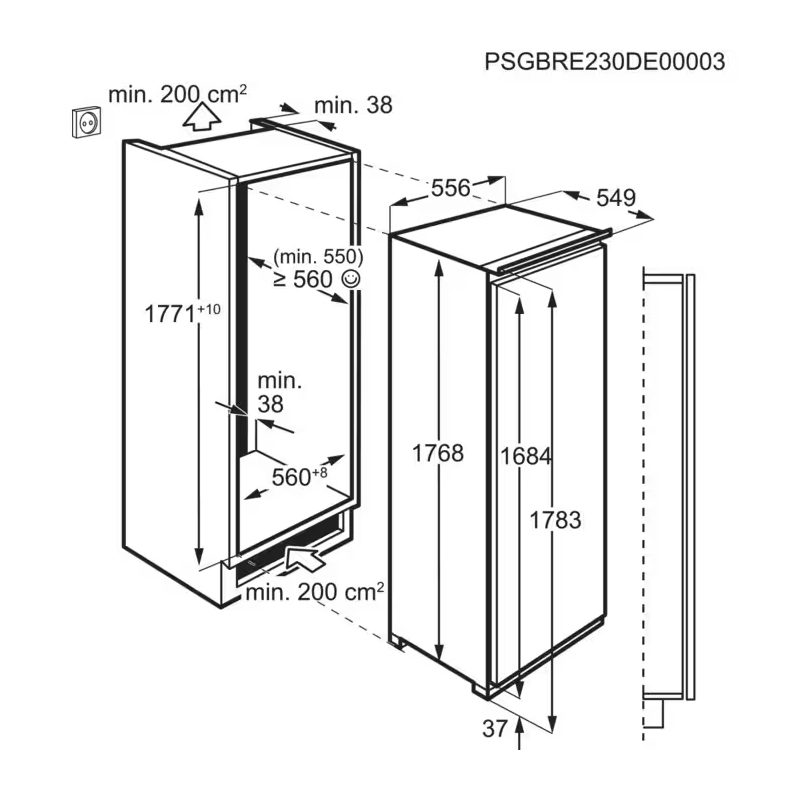 AEG 177cm Series 7000 Integrated In Column Frost Free Freezer ABK818E6NC