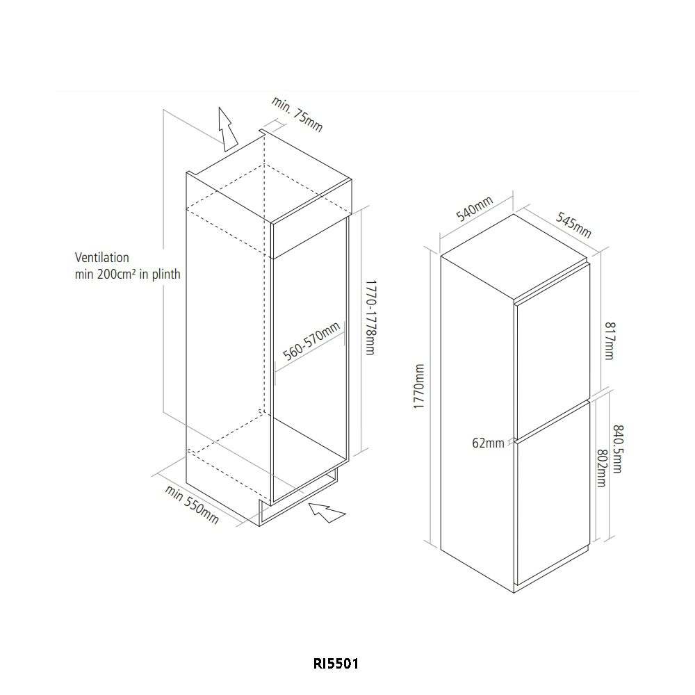 Caple 177cm Integrated 50/50 Fridge Freezer RI5501