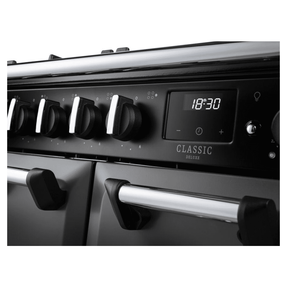 Rangemaster Classic Deluxe 90cm Dual Fuel Range Cooker Antique Brass Trim 18256 CLDL90DFPCBL/AB1 – Charcoal Black