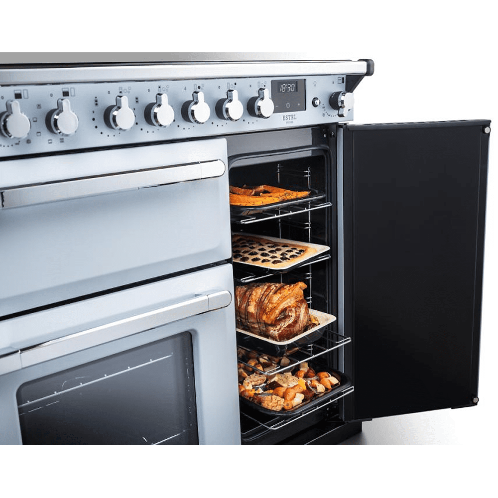 Rangemaster Estel Deluxe 90cm Dual Fuel Range Cooker With Chrome Trim 14977 ESDL90DFPSLT/CM1 – Slate