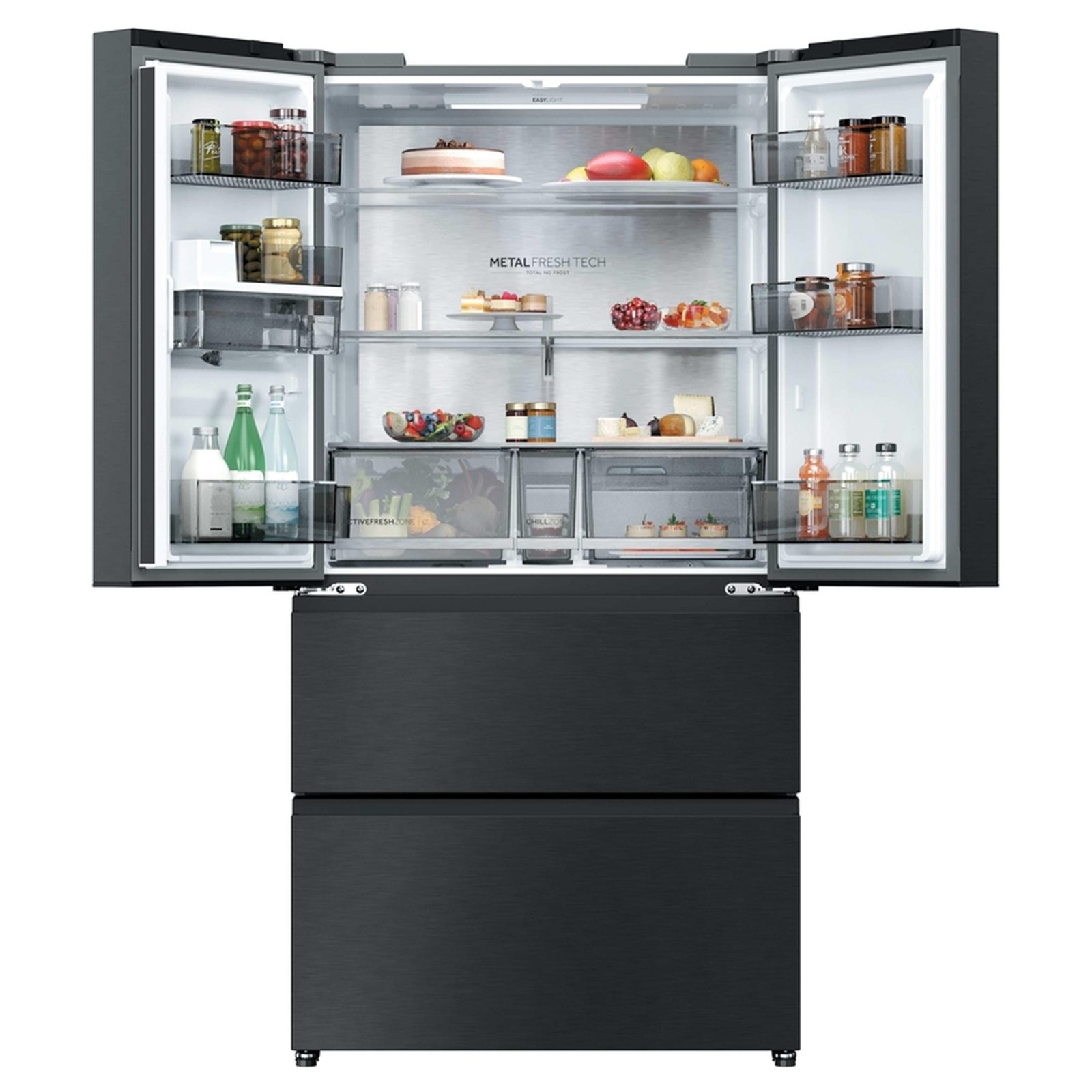 Haier Horizon Collection Four Door American Fridge Freezer With Water Dispenser Non Plumbed HFR59F18CWMB – Obsidian Steel