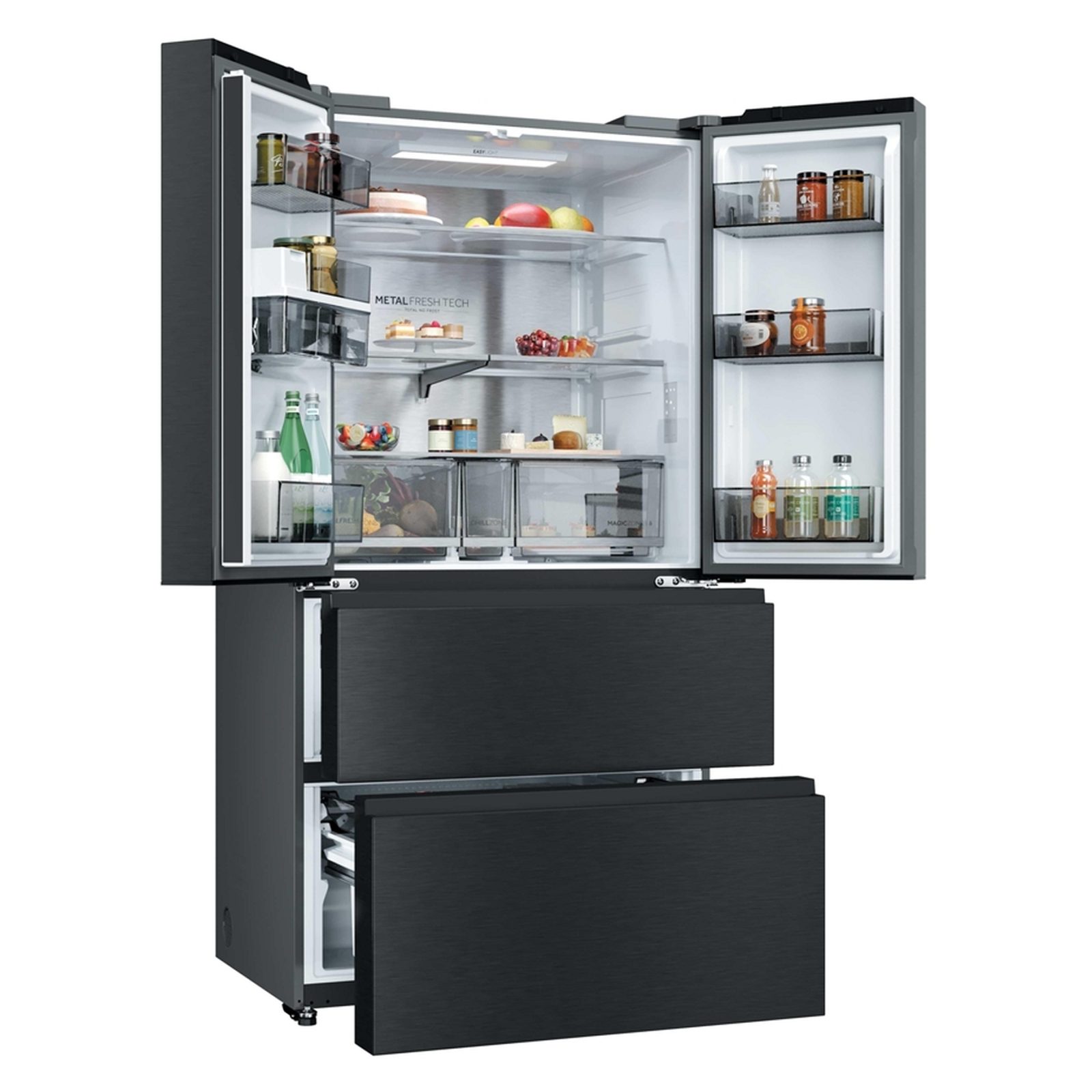 Haier Horizon Collection Four Door American Fridge Freezer With Water Dispenser Non Plumbed HFR59F18CWMB – Obsidian Steel