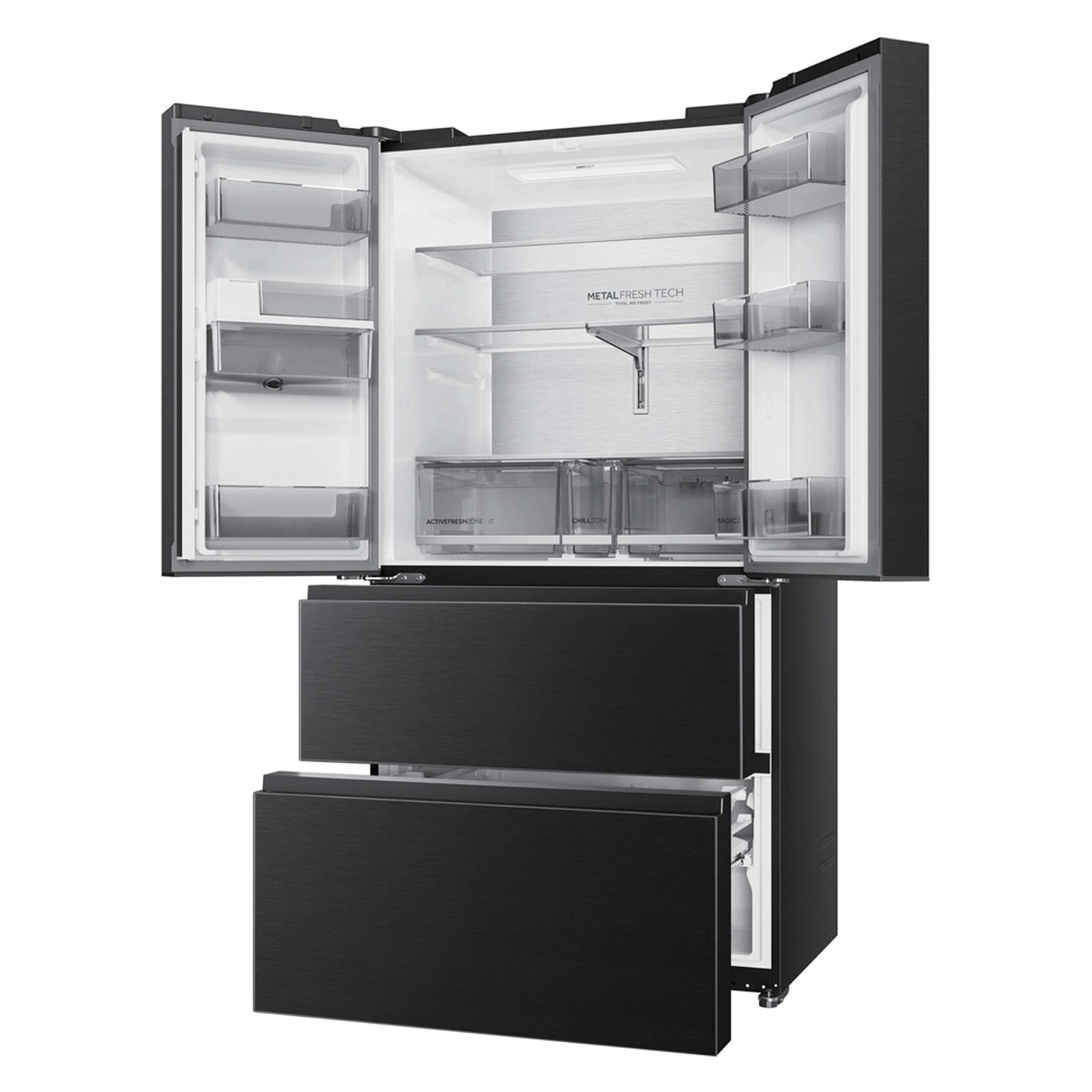 Haier Horizon Collection Four Door American Fridge Freezer With Water Dispenser Non Plumbed HFR59F18CWMB – Obsidian Steel