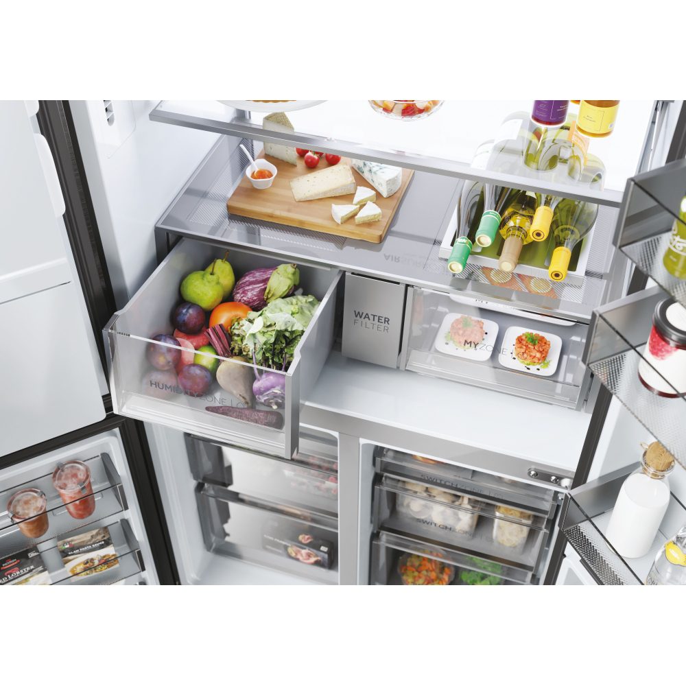 Haier Four Door Fridge Freezer With Ice & Water HCR7918EIMP – PLATINUM INOX