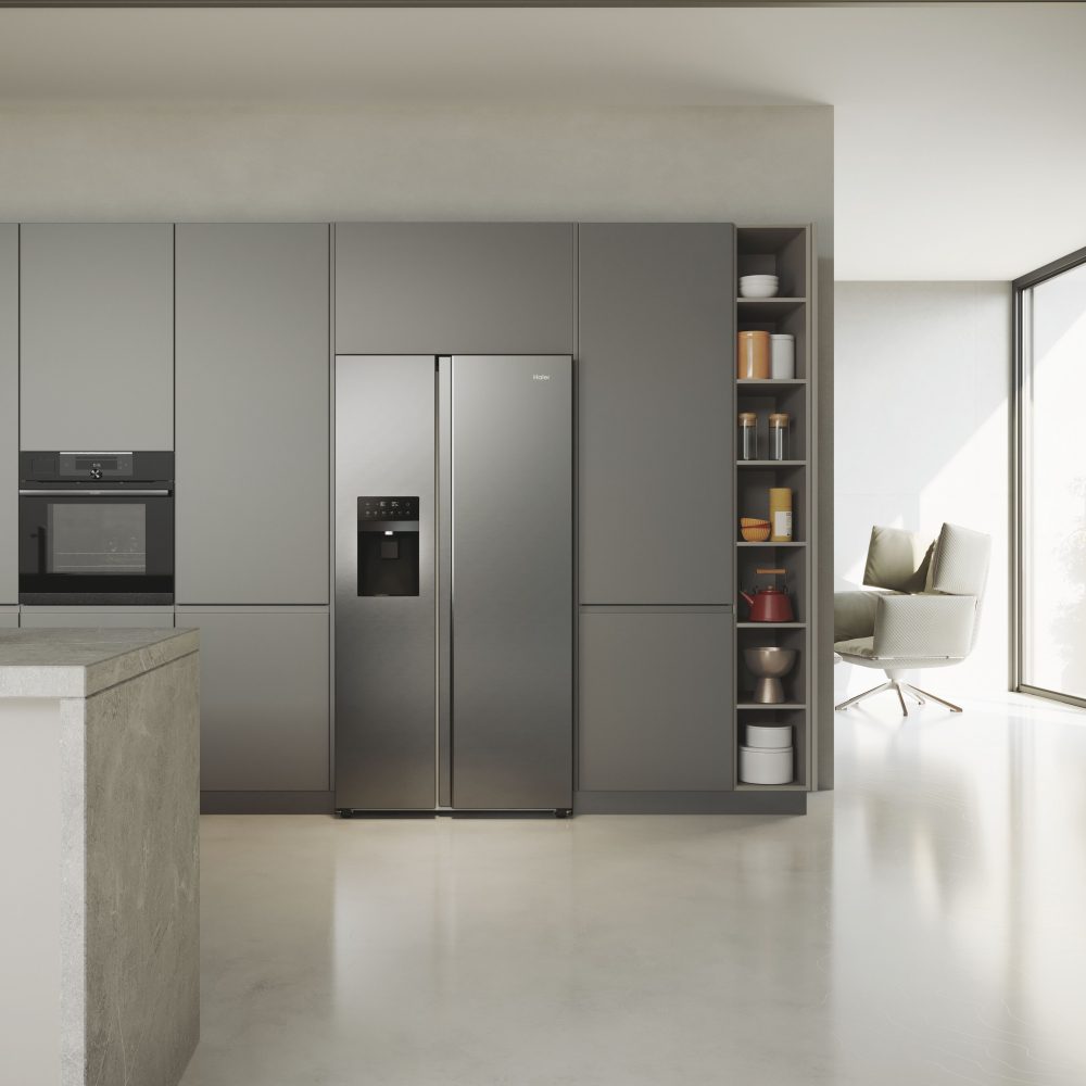 Haier American Style Fridge Freezer Ice & Water HSR5918DIMP – PLATINUM INOX