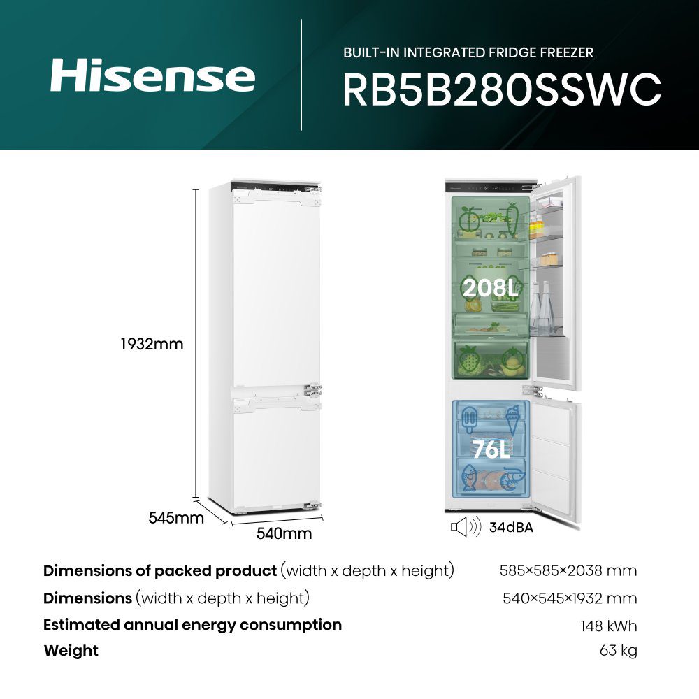 Hisense 193cm Integrated 70/30 Frost Free Fridge Freezer RB5B280SSWC