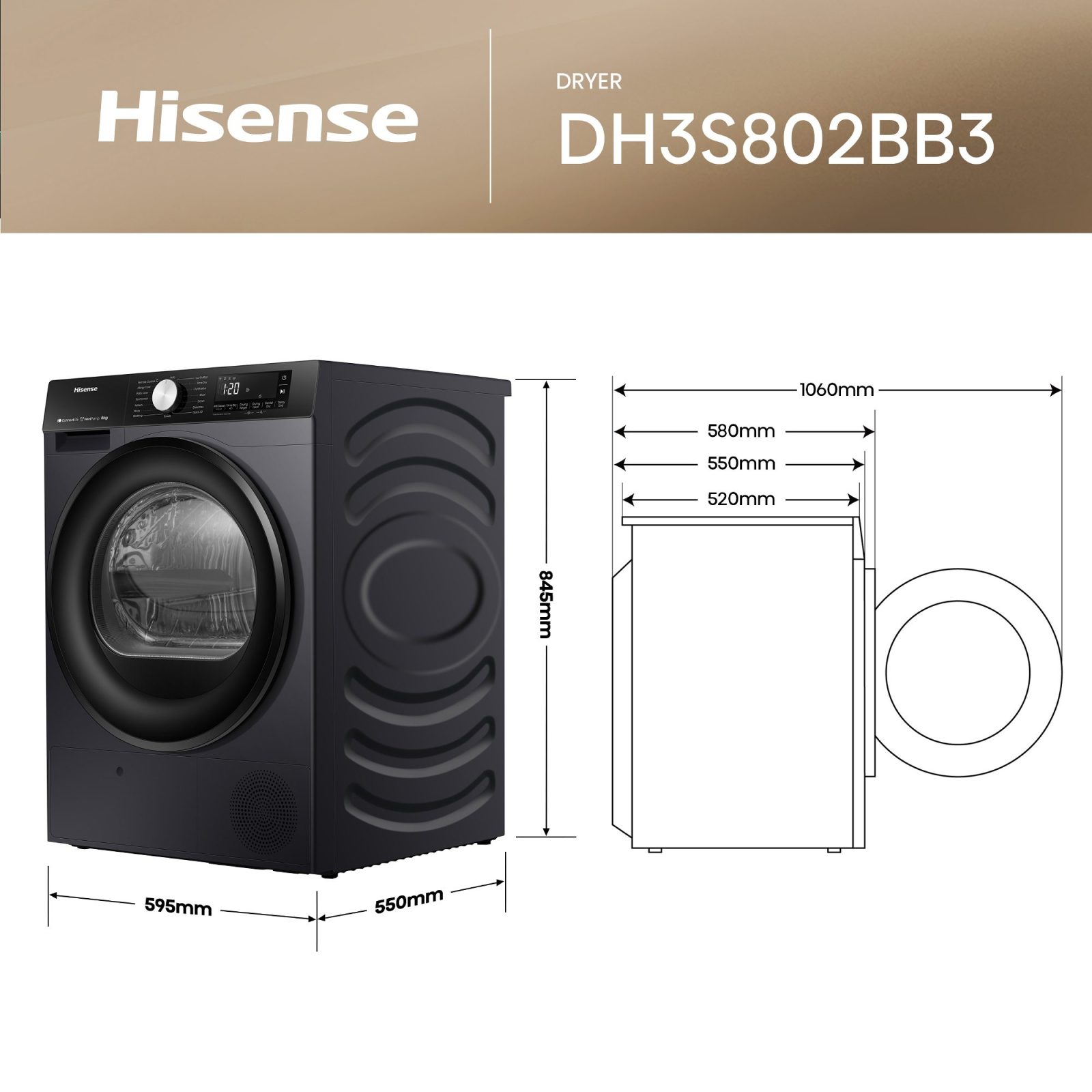 Hisense 8kg 3S Series Heat Pump Condenser Tumble Dryer DH3S802BB3 – Black