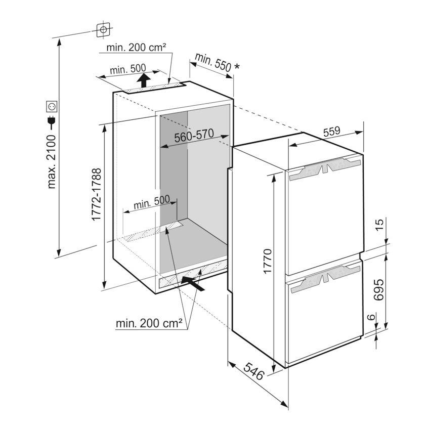 Liebherr 178cm Integrated 70/30 Frost Free Plus Fridge Freezer With Non Plumbed Icemaker ICNE5133