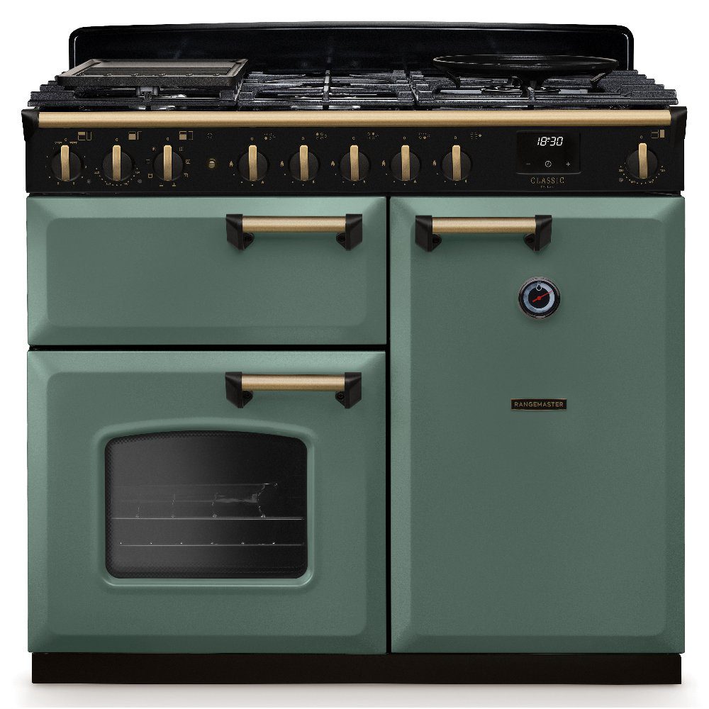 Rangemaster Classic Deluxe 100cm Dual Fuel Range Cooker Antique Brass Trim 18298 CLDL100DFPMGR/AB1 – Mineral Green