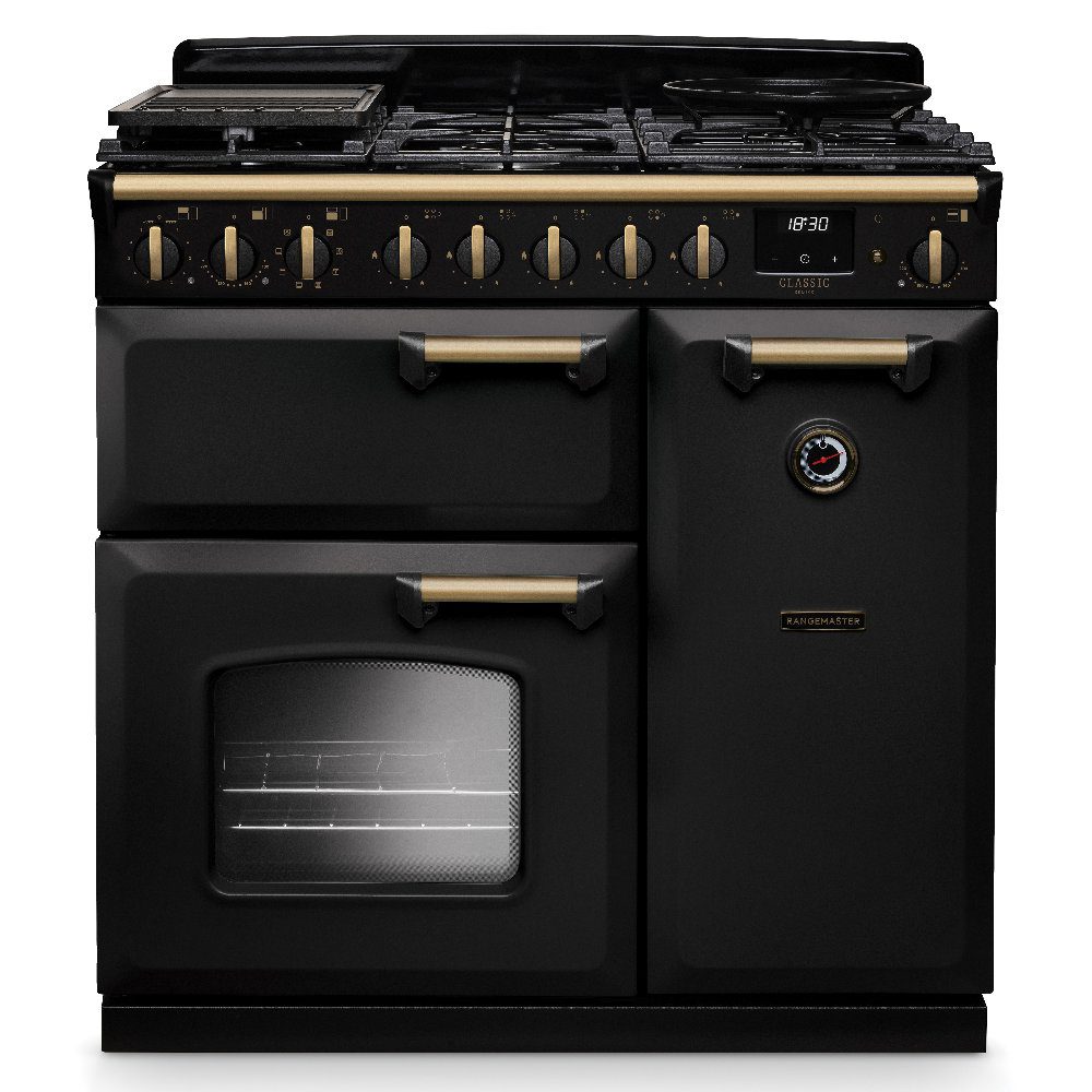 Rangemaster Classic Deluxe 90cm Dual Fuel Range Cooker Antique Brass Trim 18256 CLDL90DFPCBL/AB1 – Charcoal Black