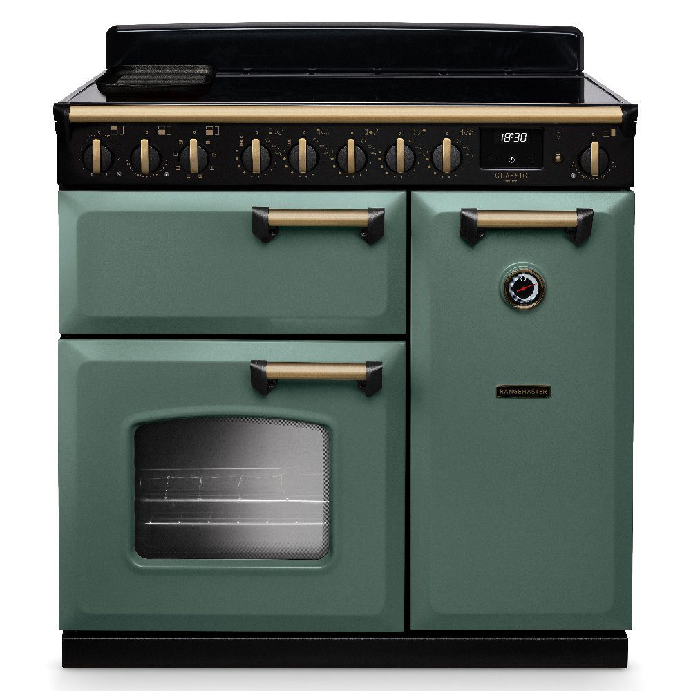 Rangemaster Classic Deluxe 90cm Induction Range Cooker Antique Brass Trim 18278 CLDL90EIPMGR/AB1 – Mineral Green