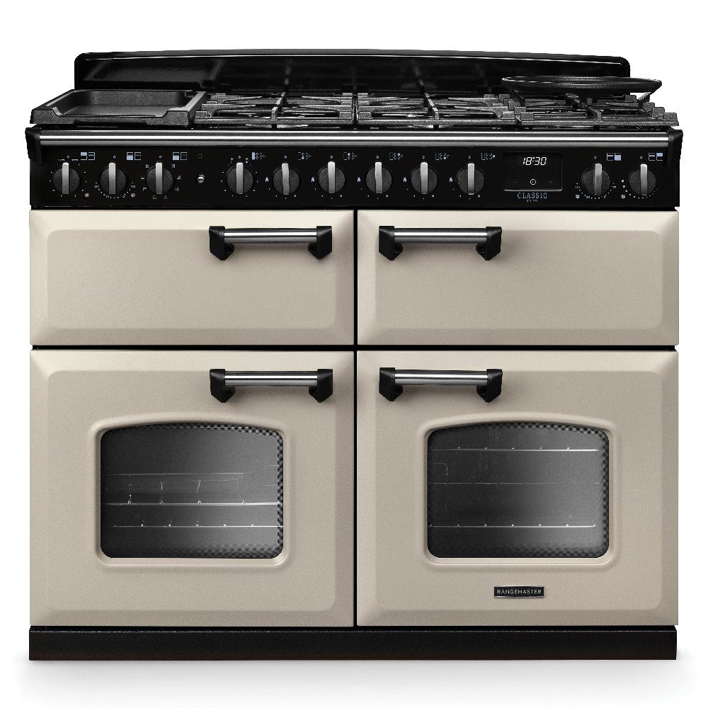 Rangemaster Classic Deluxe BC 110cm Dual Fuel Range Cooker Chrome Trim 14879 CLDLB110DFPPCR/CM1 – Pale Cream