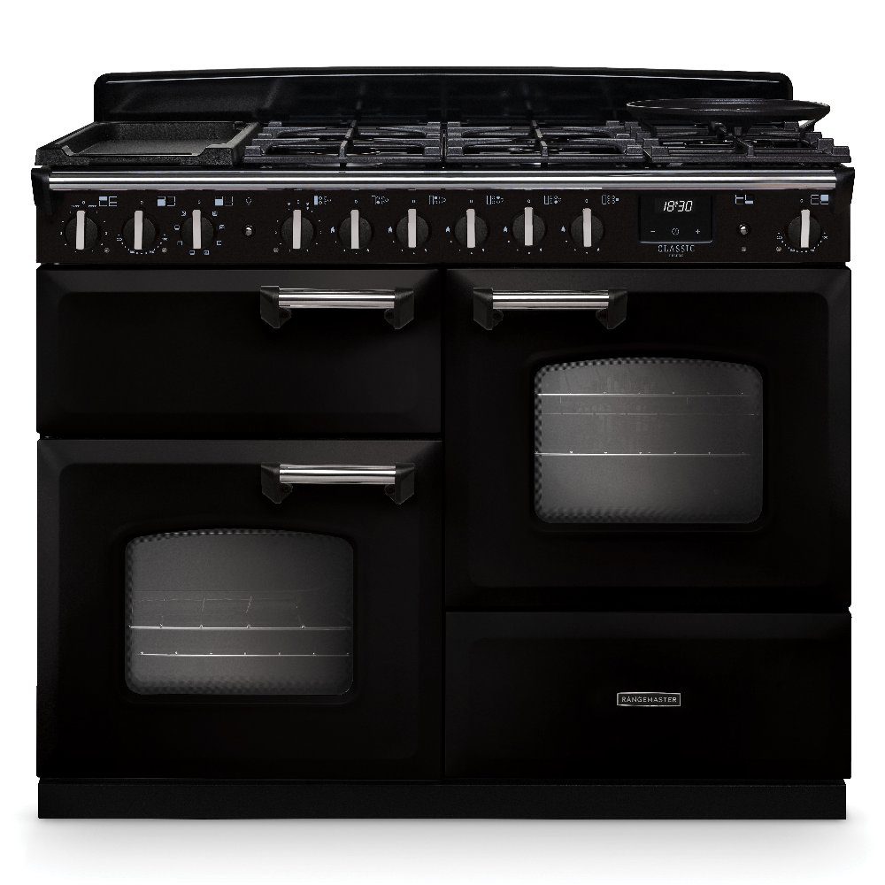 Rangemaster Classic Deluxe OC 110cm Dual Fuel Range Cooker Chrome Trim 14706 CLDLO110DFPGBL/CM1 – Black