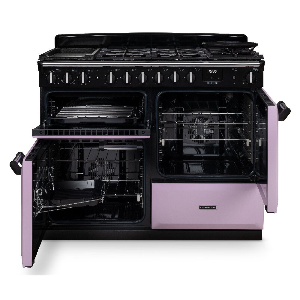 Rangemaster Classic Deluxe OC 110cm Dual Fuel Range Cooker Chrome Trim 14706 CLDLO110DFPGBL/CM1 – Black