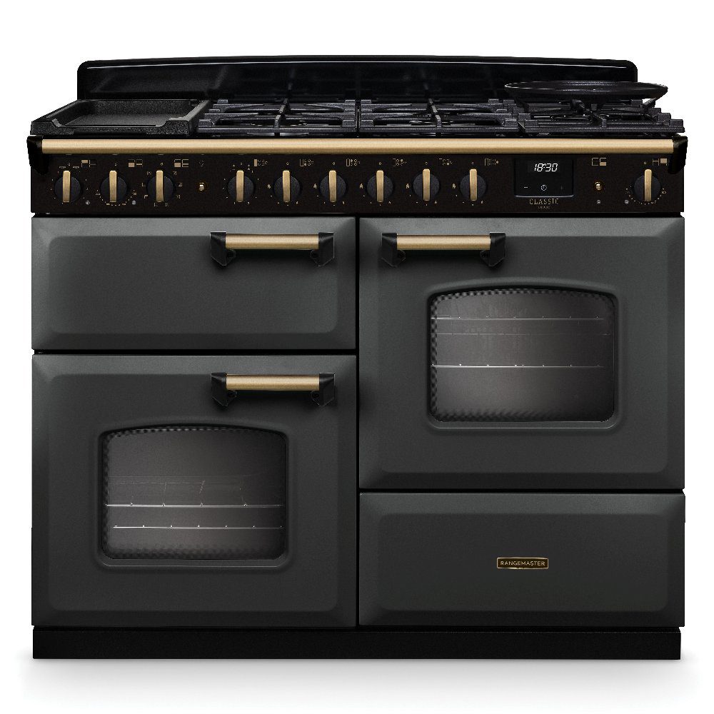 Rangemaster Classic Deluxe OC 110cm Dual Fuel Range Cooker Antique Brass Trim 18325 CLDLO110DFPSLT/AB1 – Slate