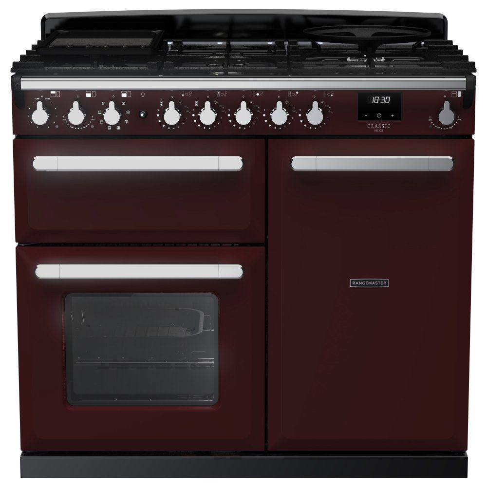 Rangemaster Estel Deluxe 100cm Dual Fuel Range Cooker With Chrome Trim 15081 ESDL100DFPBOR/CM1 – Bordeaux