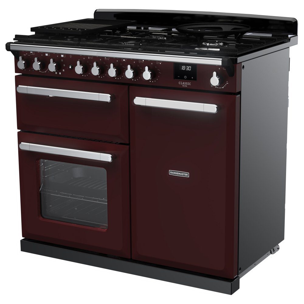 Rangemaster Estel Deluxe 100cm Dual Fuel Range Cooker With Chrome Trim 15081 ESDL100DFPBOR/CM1 – Bordeaux