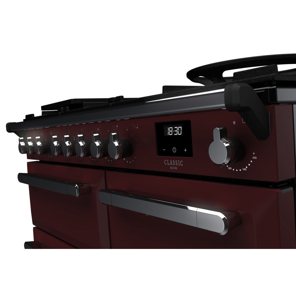 Rangemaster Estel Deluxe 100cm Dual Fuel Range Cooker With Chrome Trim 15081 ESDL100DFPBOR/CM1 – Bordeaux