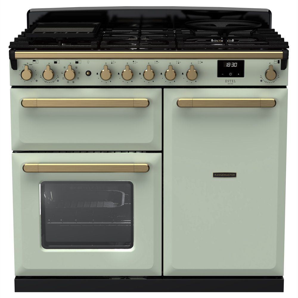 Rangemaster Estel Deluxe 100cm Dual Fuel Range Cooker With Antique Brass Trim 18080 ESDL100DFPMNT/AB1 – Mint