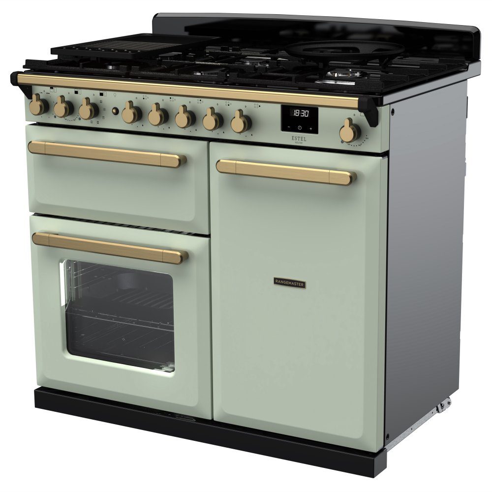 Rangemaster Estel Deluxe 100cm Dual Fuel Range Cooker With Antique Brass Trim 18080 ESDL100DFPMNT/AB1 – Mint