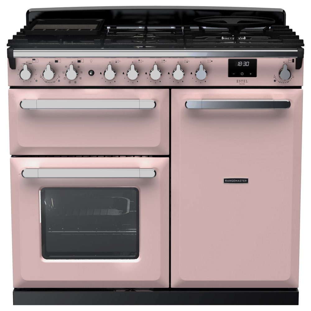 Rangemaster Estel Deluxe 100cm Dual Fuel Range Cooker With Chrome Trim 15084 ESDL100DFPPPK/CM1 – Pale Pink
