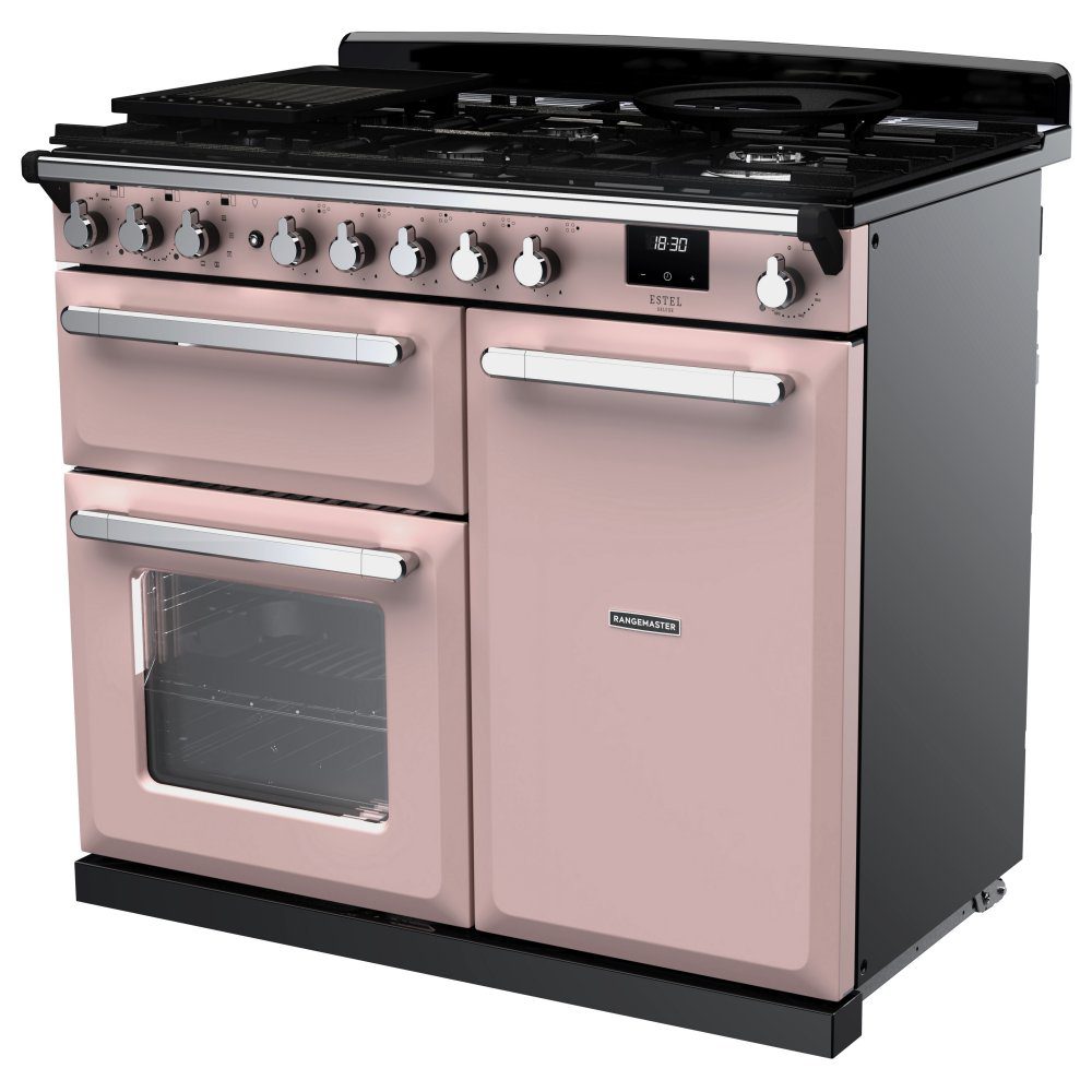 Rangemaster Estel Deluxe 100cm Dual Fuel Range Cooker With Chrome Trim 15084 ESDL100DFPPPK/CM1 – Pale Pink