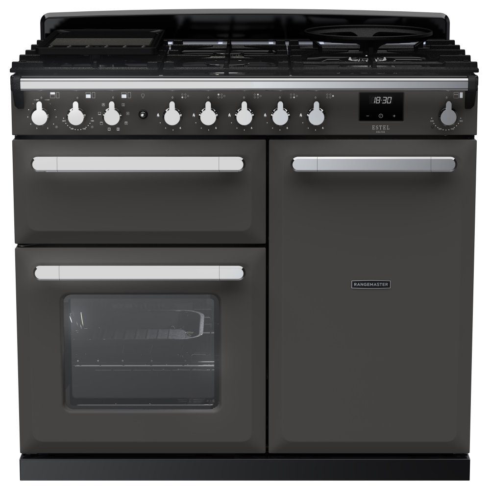 Rangemaster Estel Deluxe 100cm Dual Fuel Range Cooker With Chrome Trim 15079 ESDL100DFPSLT/CM1 – Slate