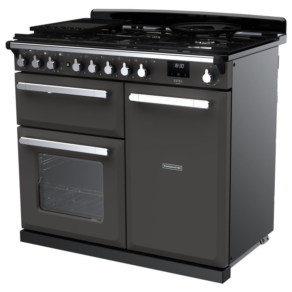 Rangemaster Estel Deluxe 100cm Dual Fuel Range Cooker With Chrome Trim 15079 ESDL100DFPSLT/CM1 – Slate