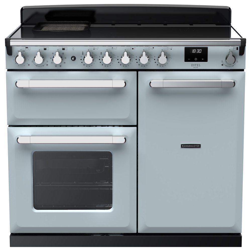 Rangemaster Estel Deluxe 100cm Induction Range Cooker With Chrome Trim 15117 ESDL100EIPMSB/CM1 – Misty Blue