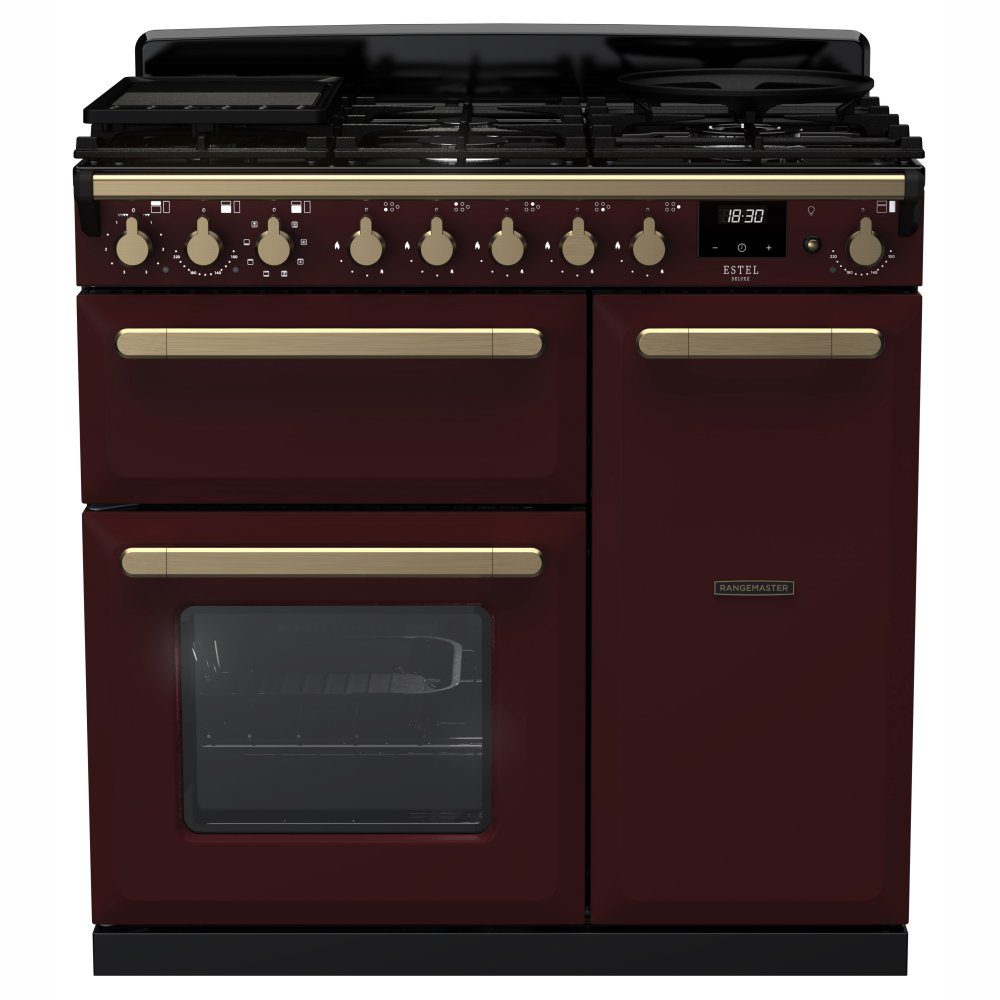 Rangemaster Estel Deluxe 90cm Dual Fuel Range Cooker With Antique Brass Trim 18035 ESDL90DFPBOR/AB1 – Bordeaux