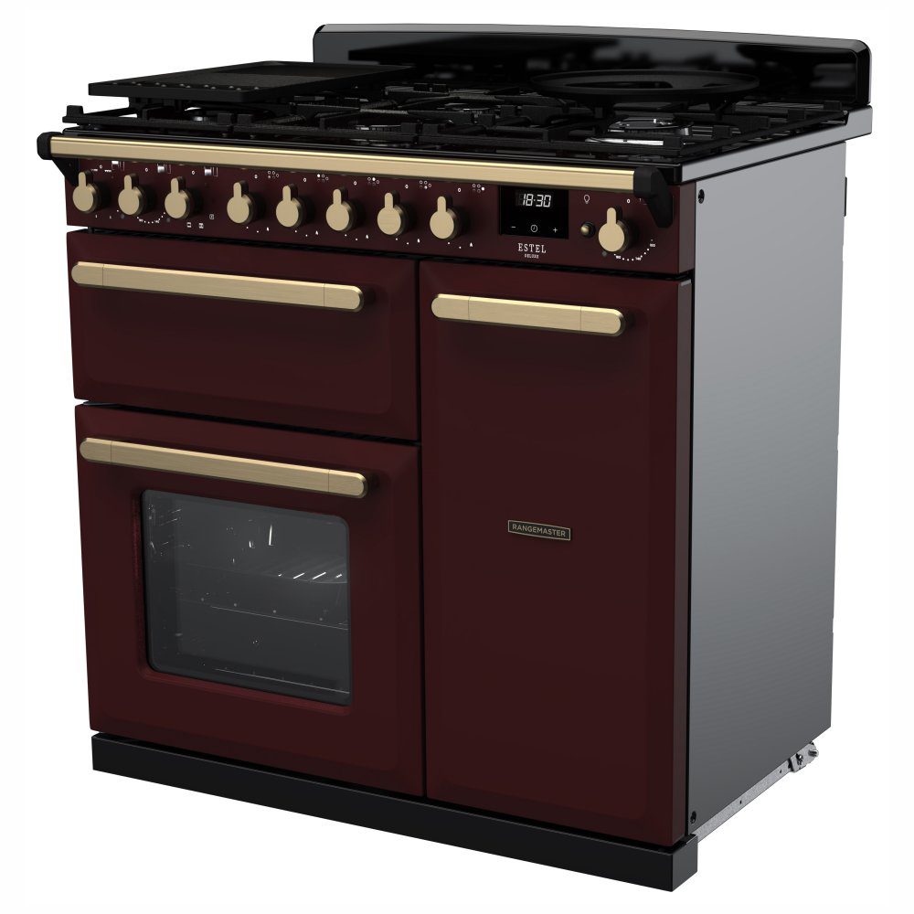 Rangemaster Estel Deluxe 90cm Dual Fuel Range Cooker With Antique Brass Trim 18035 ESDL90DFPBOR/AB1 – Bordeaux