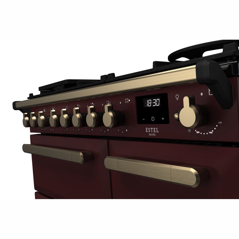 Rangemaster Estel Deluxe 90cm Dual Fuel Range Cooker With Antique Brass Trim 18035 ESDL90DFPBOR/AB1 – Bordeaux