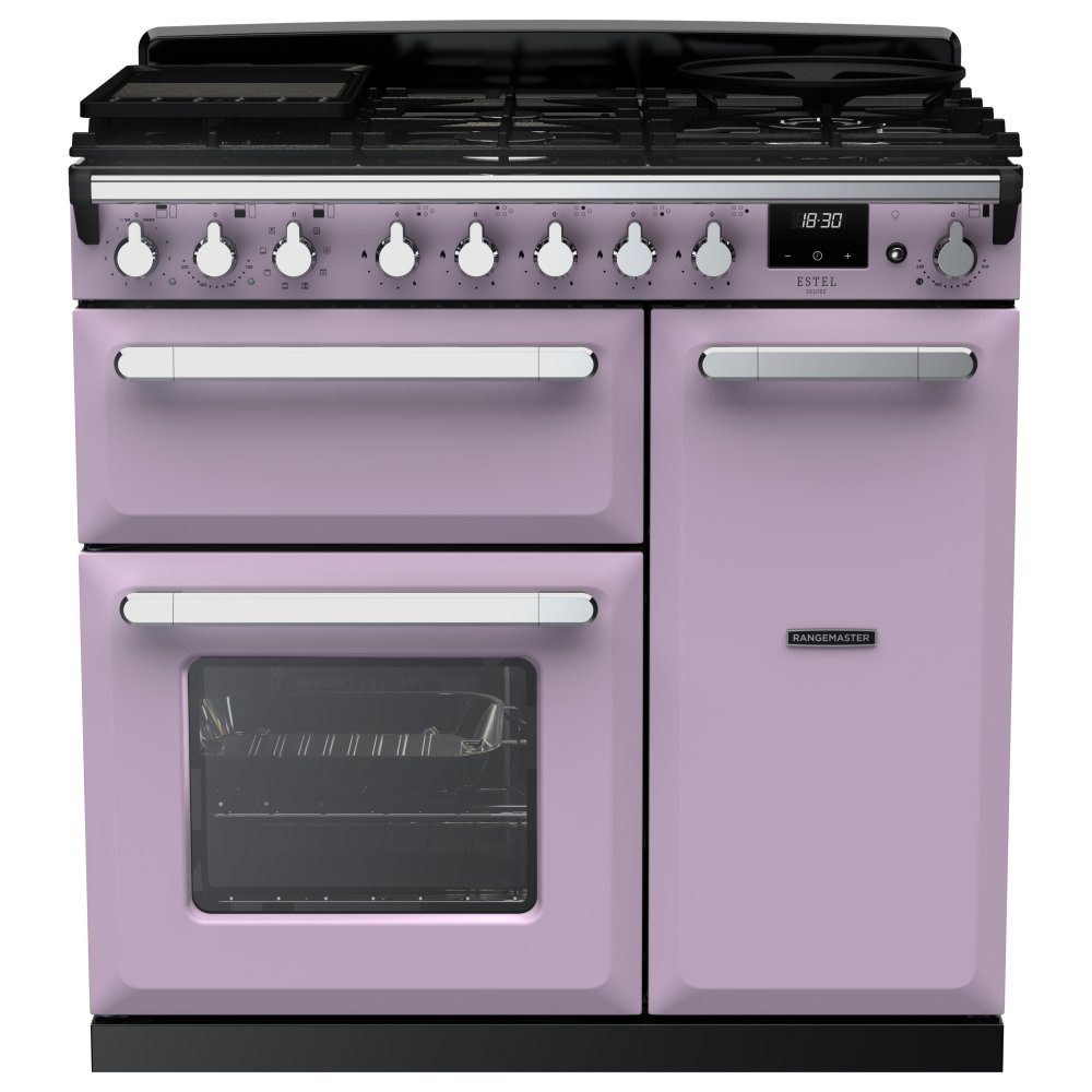 Rangemaster Estel Deluxe 90cm Dual Fuel Range Cooker With Chrome Trim 17843 ESDL90DFPHTH/CM1 – Heather