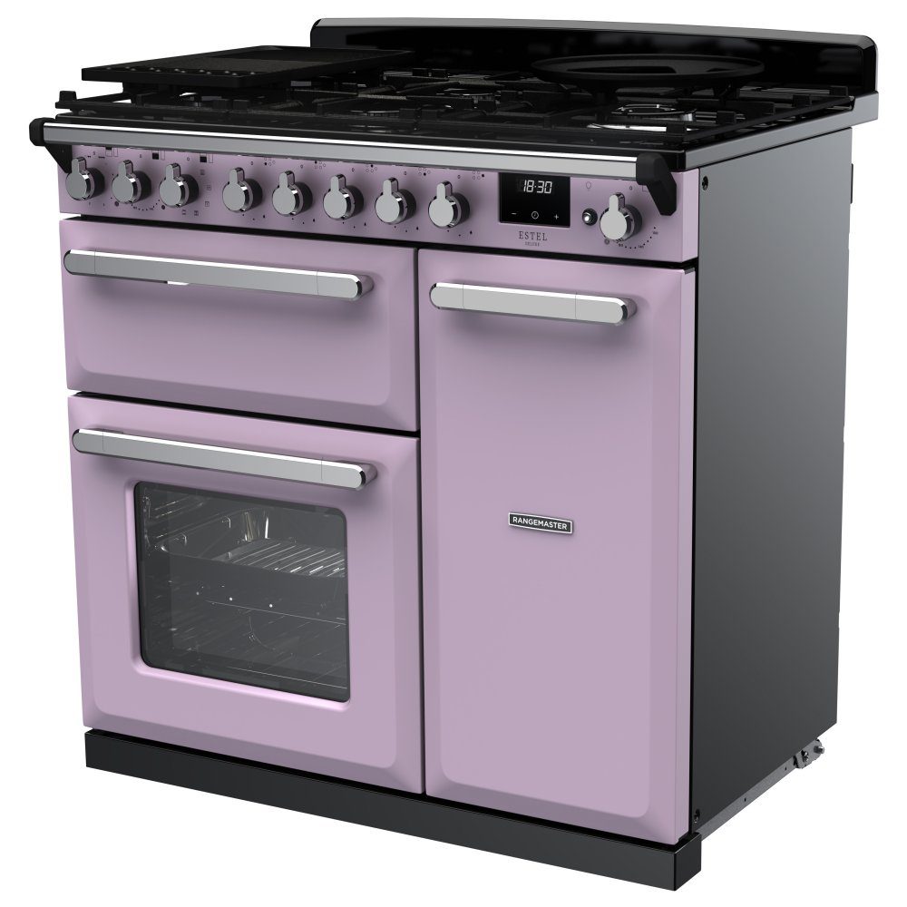 Rangemaster Estel Deluxe 90cm Dual Fuel Range Cooker With Chrome Trim 17843 ESDL90DFPHTH/CM1 – Heather