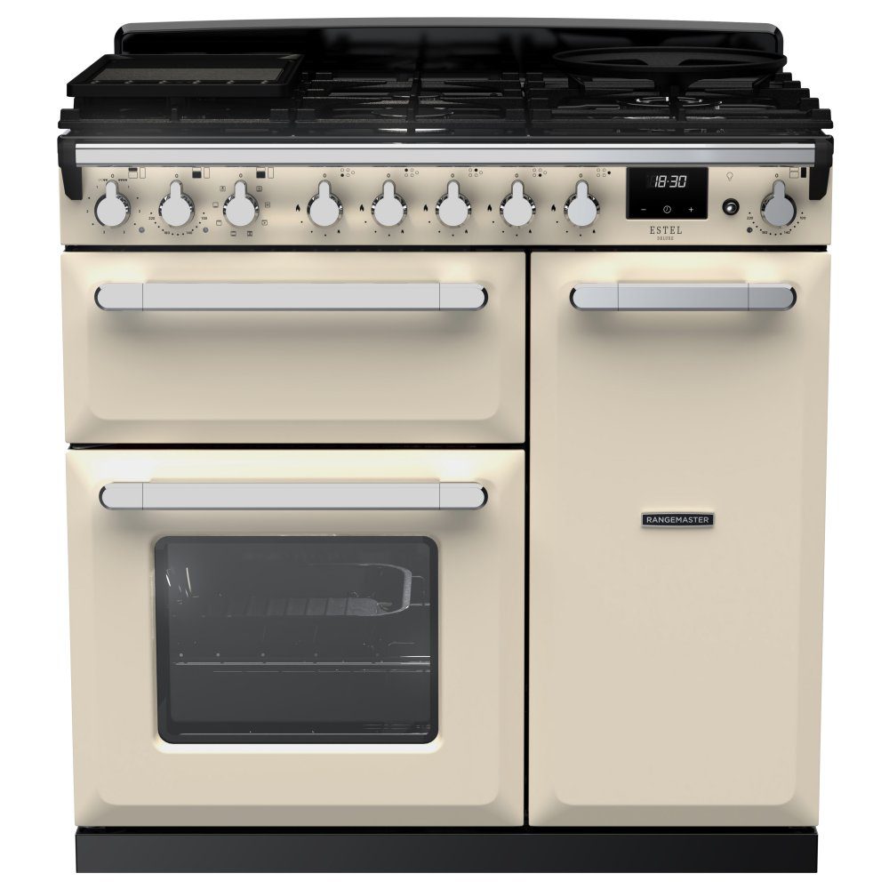 Rangemaster Estel Deluxe 90cm Dual Fuel Range Cooker With Chrome Trim 14978 ESDL90DFPPCR/CM1 – Pale Cream
