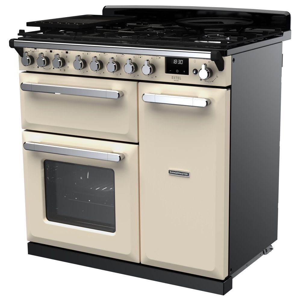 Rangemaster Estel Deluxe 90cm Dual Fuel Range Cooker With Chrome Trim 14978 ESDL90DFPPCR/CM1 – Pale Cream