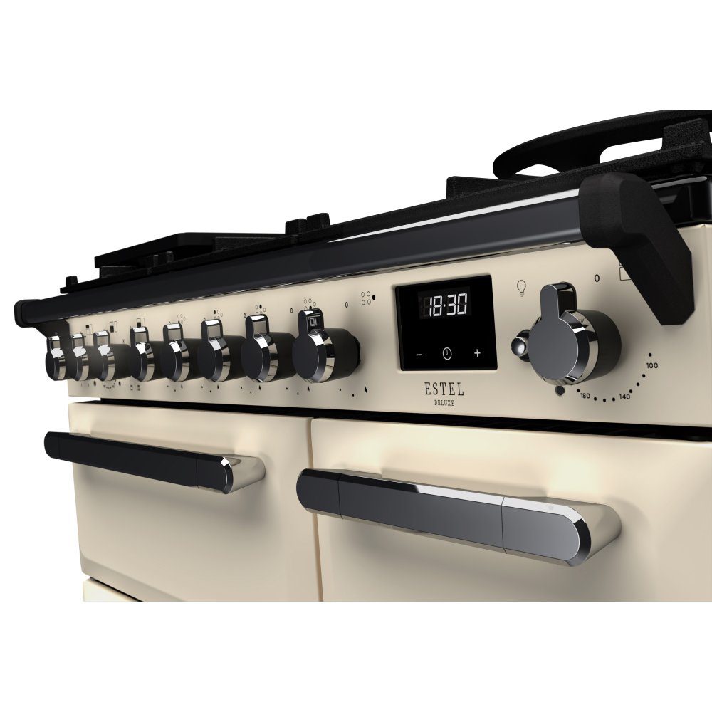 Rangemaster Estel Deluxe 90cm Dual Fuel Range Cooker With Chrome Trim 14978 ESDL90DFPPCR/CM1 – Pale Cream