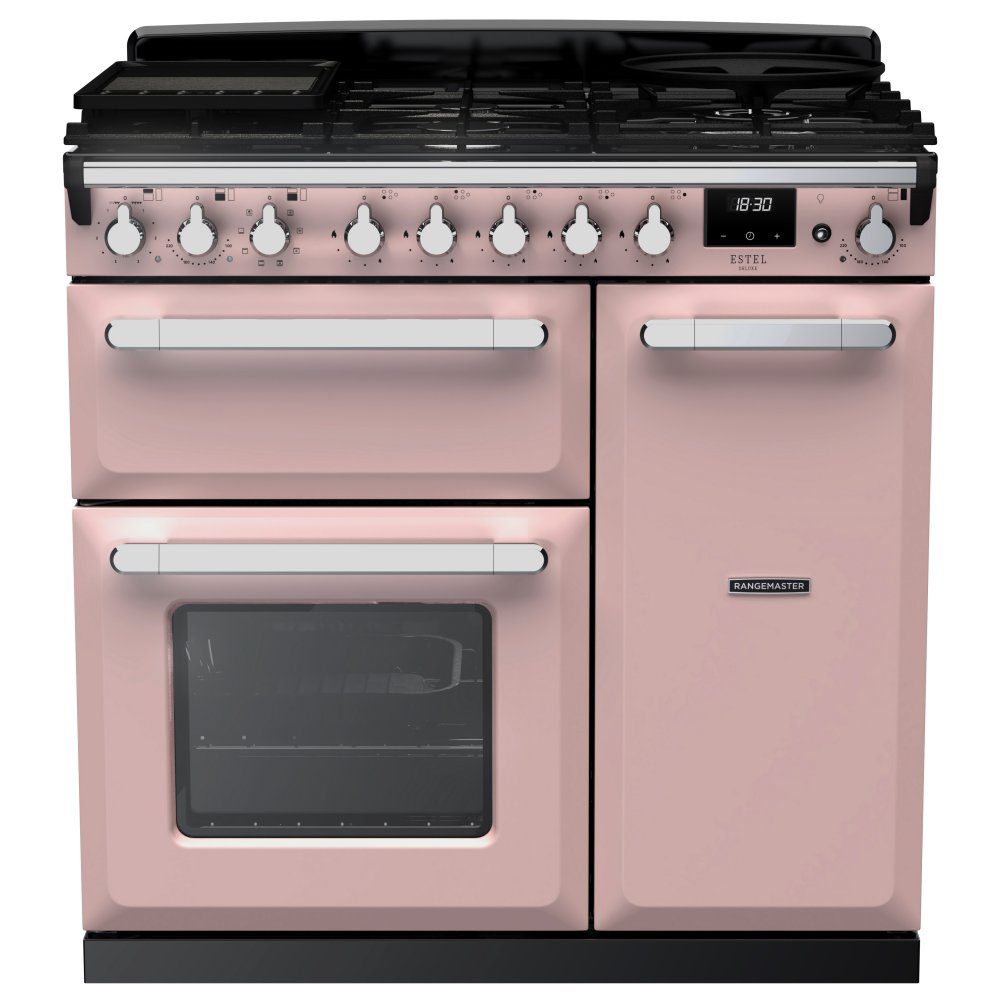 Rangemaster Estel Deluxe 90cm Dual Fuel Range Cooker With Chrome Trim 14982 ESDL90DFPPPK/CM1 – Pale Pink