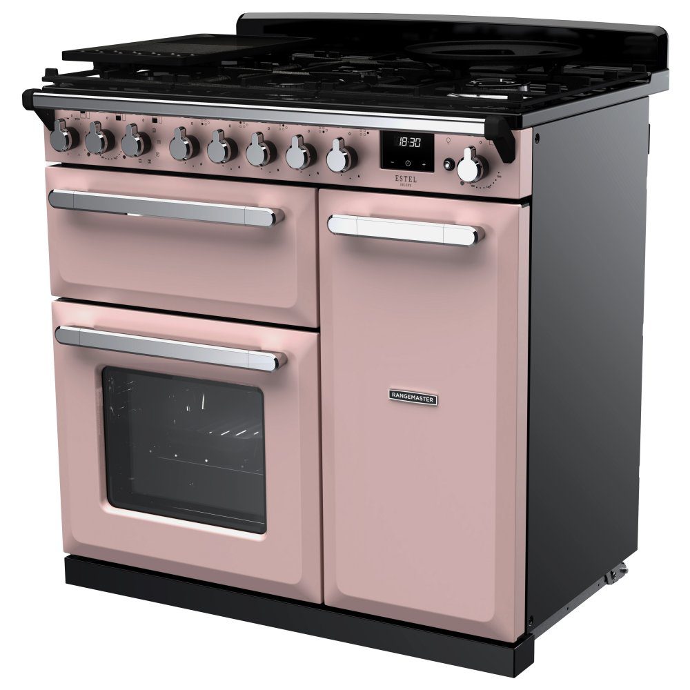 Rangemaster Estel Deluxe 90cm Dual Fuel Range Cooker With Chrome Trim 14982 ESDL90DFPPPK/CM1 – Pale Pink