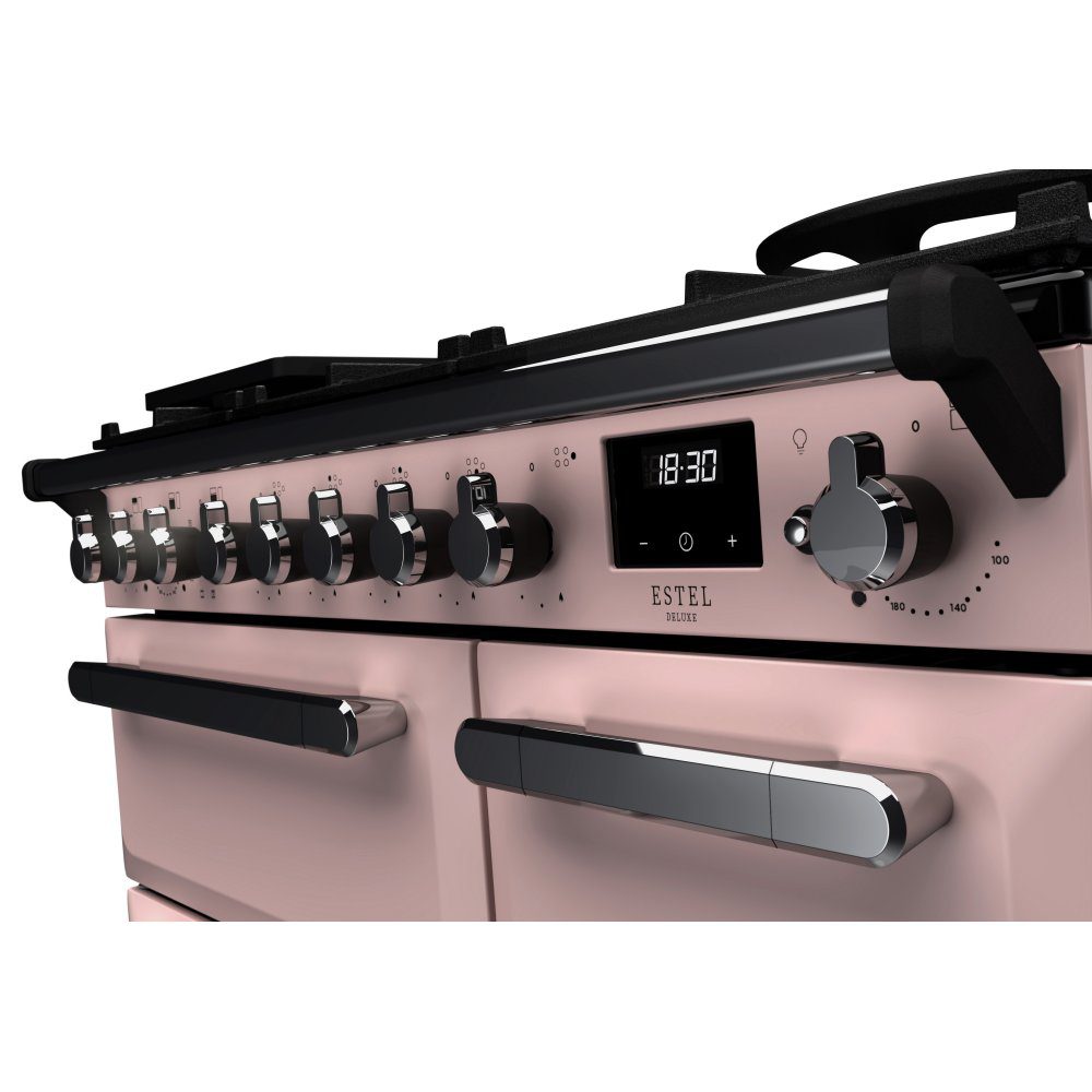 Rangemaster Estel Deluxe 90cm Dual Fuel Range Cooker With Chrome Trim 14982 ESDL90DFPPPK/CM1 – Pale Pink