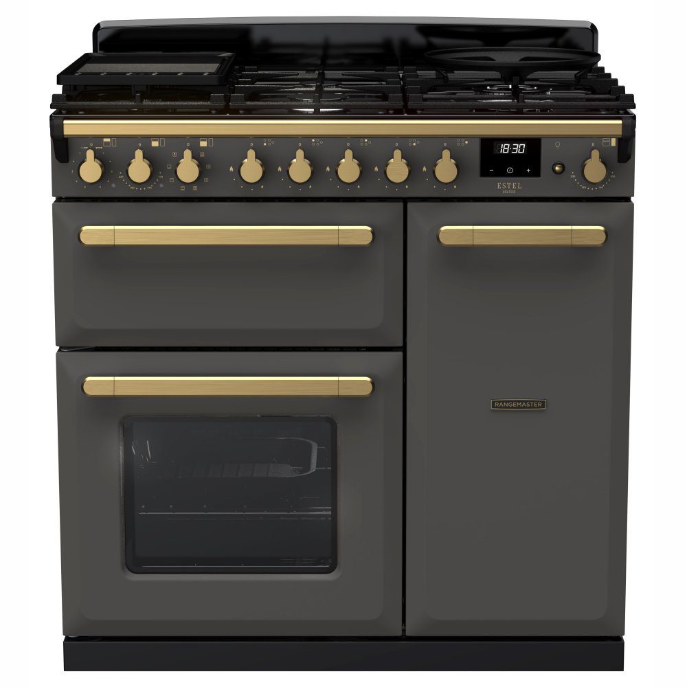 Rangemaster Estel Deluxe 90cm Dual Fuel Range Cooker With Antique Brass Trim 18033 ESDL90DFPSLT/AB1 – Slate
