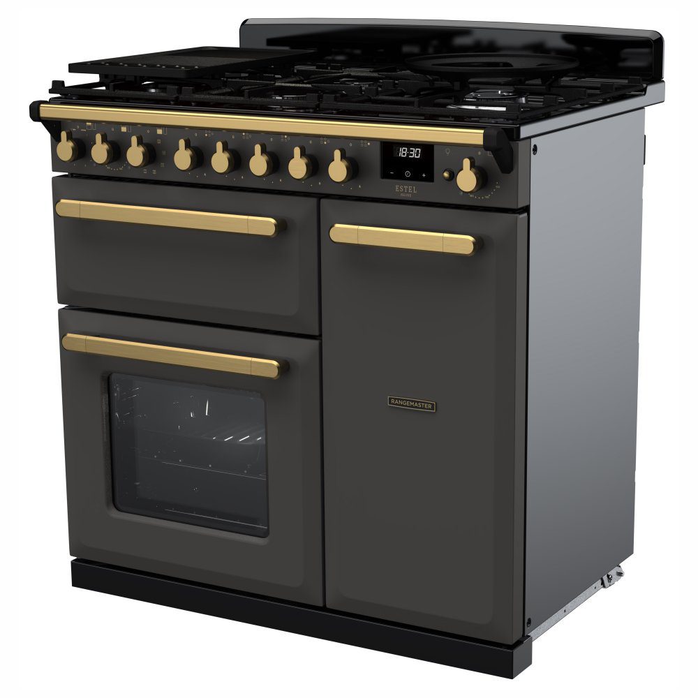 Rangemaster Estel Deluxe 90cm Dual Fuel Range Cooker With Antique Brass Trim 18033 ESDL90DFPSLT/AB1 – Slate