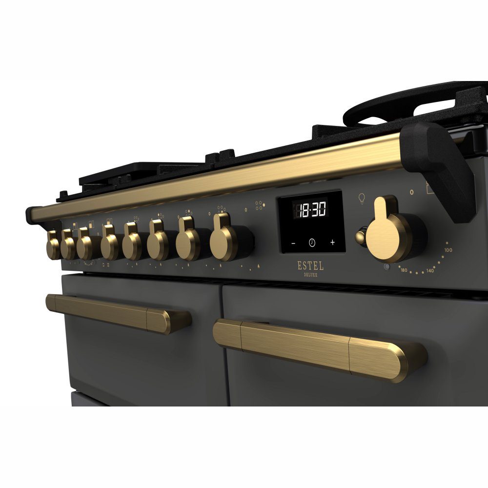 Rangemaster Estel Deluxe 90cm Dual Fuel Range Cooker With Antique Brass Trim 18033 ESDL90DFPSLT/AB1 – Slate