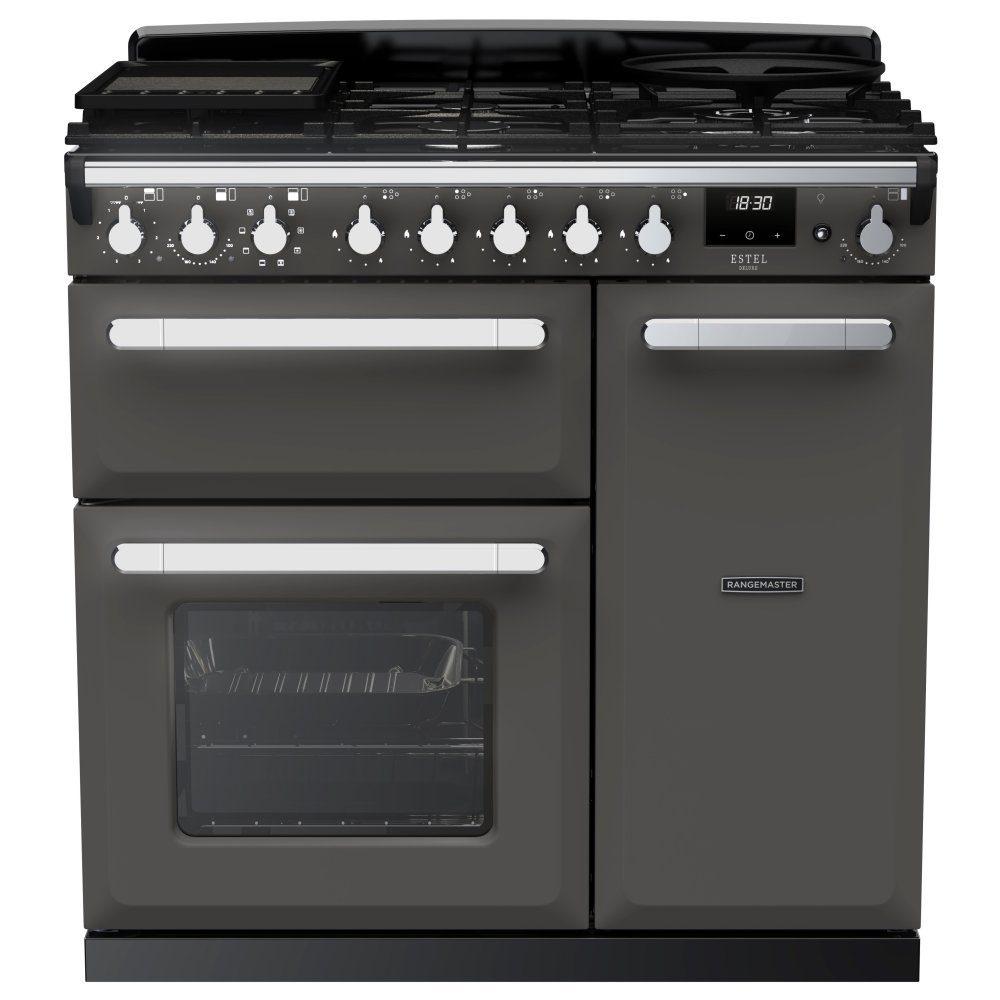 Rangemaster Estel Deluxe 90cm Dual Fuel Range Cooker With Chrome Trim 14977 ESDL90DFPSLT/CM1 – Slate