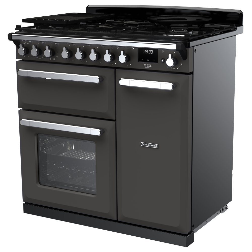 Rangemaster Estel Deluxe 90cm Dual Fuel Range Cooker With Chrome Trim 14977 ESDL90DFPSLT/CM1 – Slate