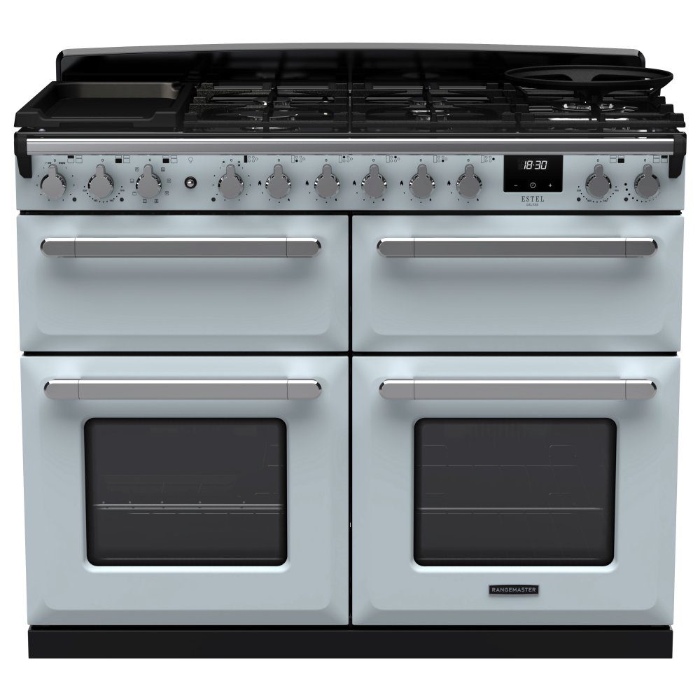 Rangemaster Estel Deluxe BC 110cm Dual Fuel Range Cooker With Chrome Trim 15253 ESDLB110DFPMSB/CM1 – Misty Blue