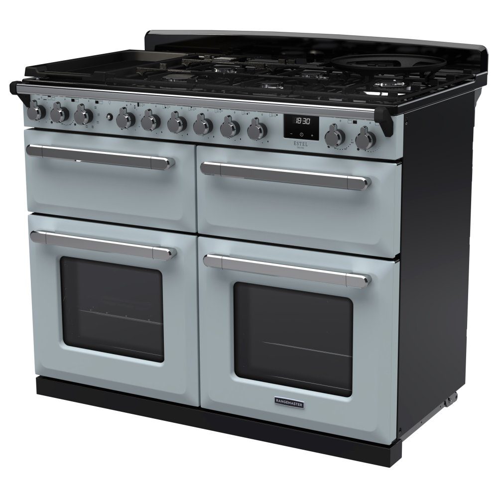 Rangemaster Estel Deluxe BC 110cm Dual Fuel Range Cooker With Chrome Trim 15253 ESDLB110DFPMSB/CM1 – Misty Blue