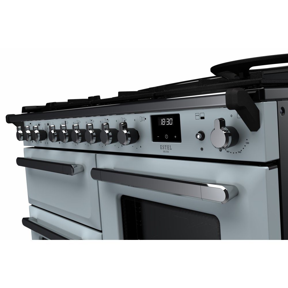 Rangemaster Estel Deluxe BC 110cm Dual Fuel Range Cooker With Chrome Trim 15253 ESDLB110DFPMSB/CM1 – Misty Blue