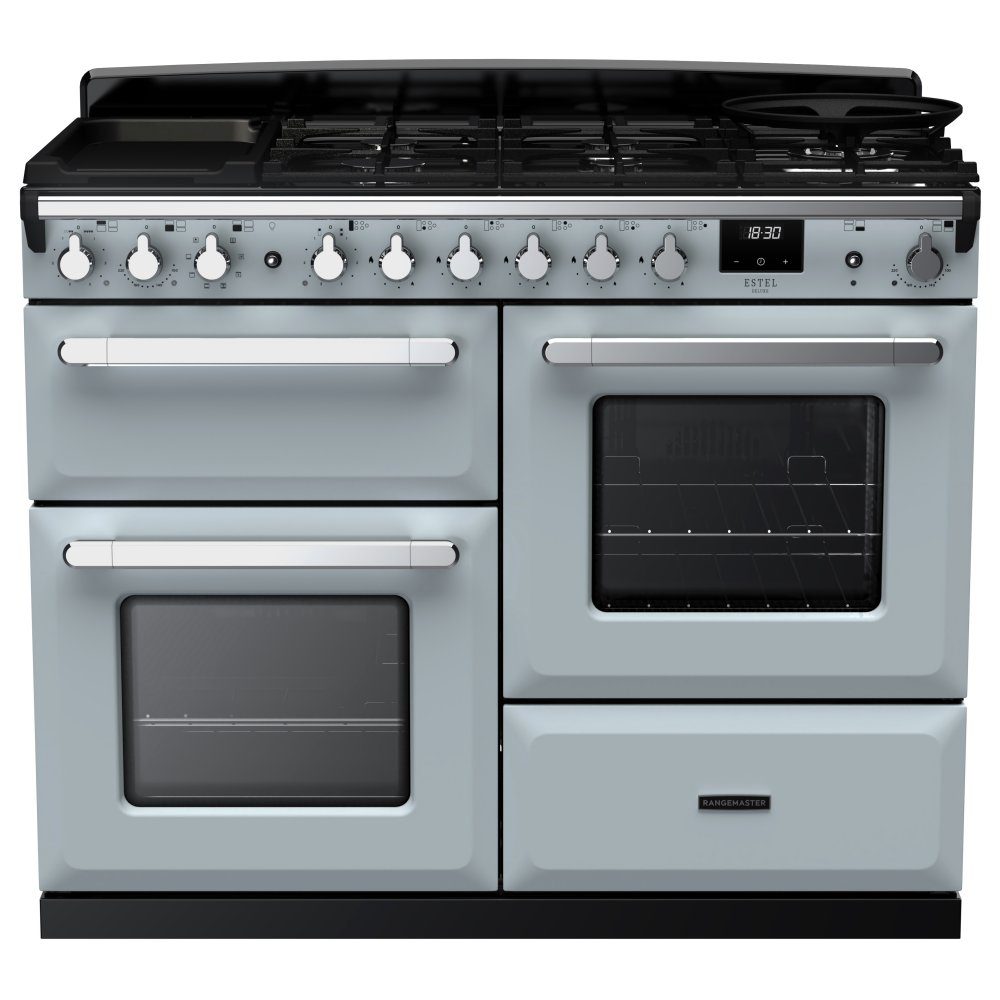 Rangemaster Estel Deluxe OC 110cm Dual Fuel Range Cooker With Chrome Trim 15151 ESDLO110DFPMSB/CM1 – Misty Blue