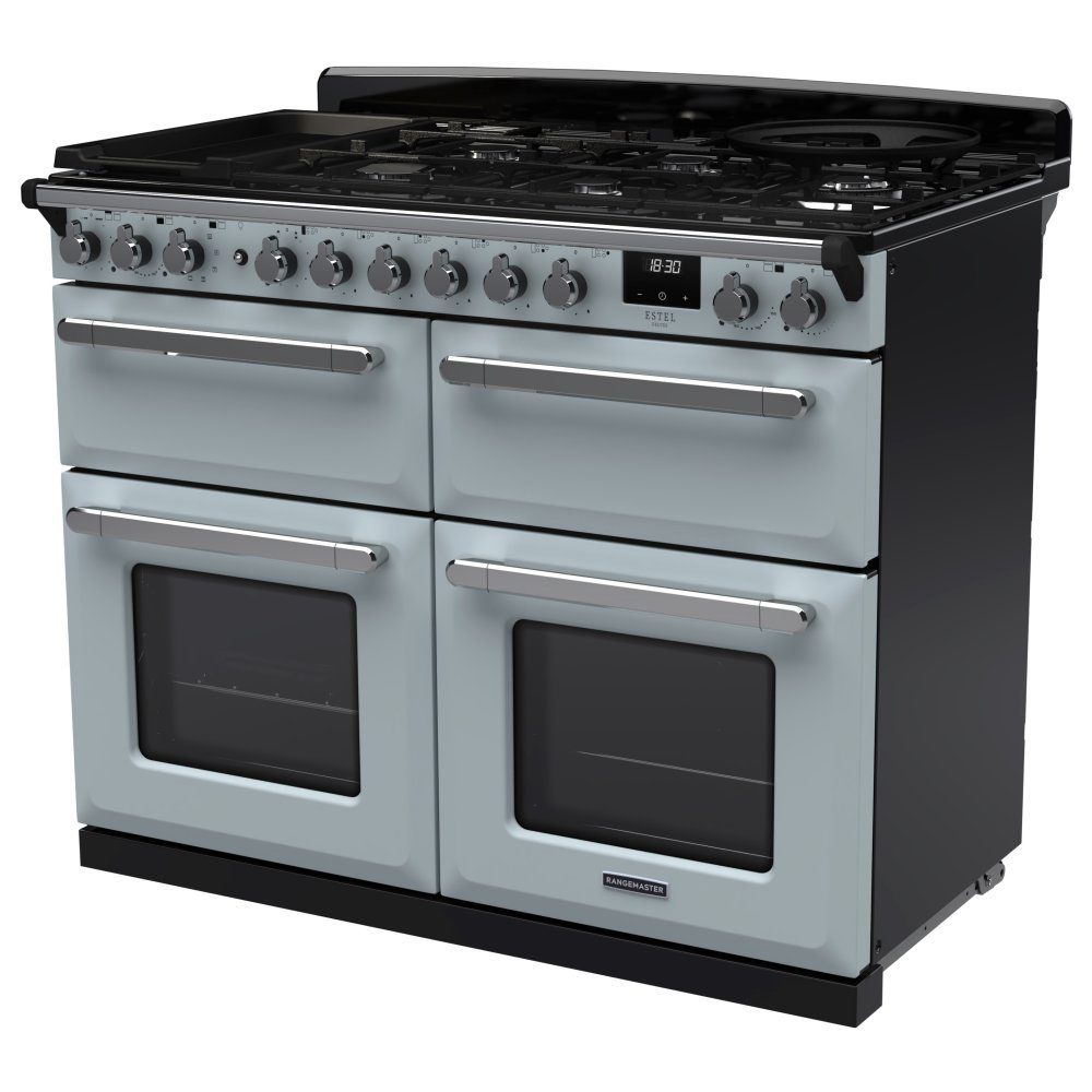 Rangemaster Estel Deluxe OC 110cm Dual Fuel Range Cooker With Chrome Trim 15151 ESDLO110DFPMSB/CM1 – Misty Blue